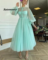 turquoise green dotted tulle tea length prom dresses with buttoned top o neck long puff sleeves homecoming party dress