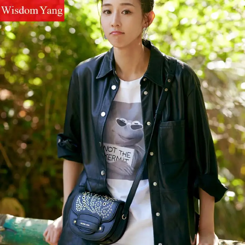 Autumn Black Sheepskin Genuine Leather Shirts Jackets Womens Loose Overcoat Bomber Long Jacket Coats Office Ladies Outerwear