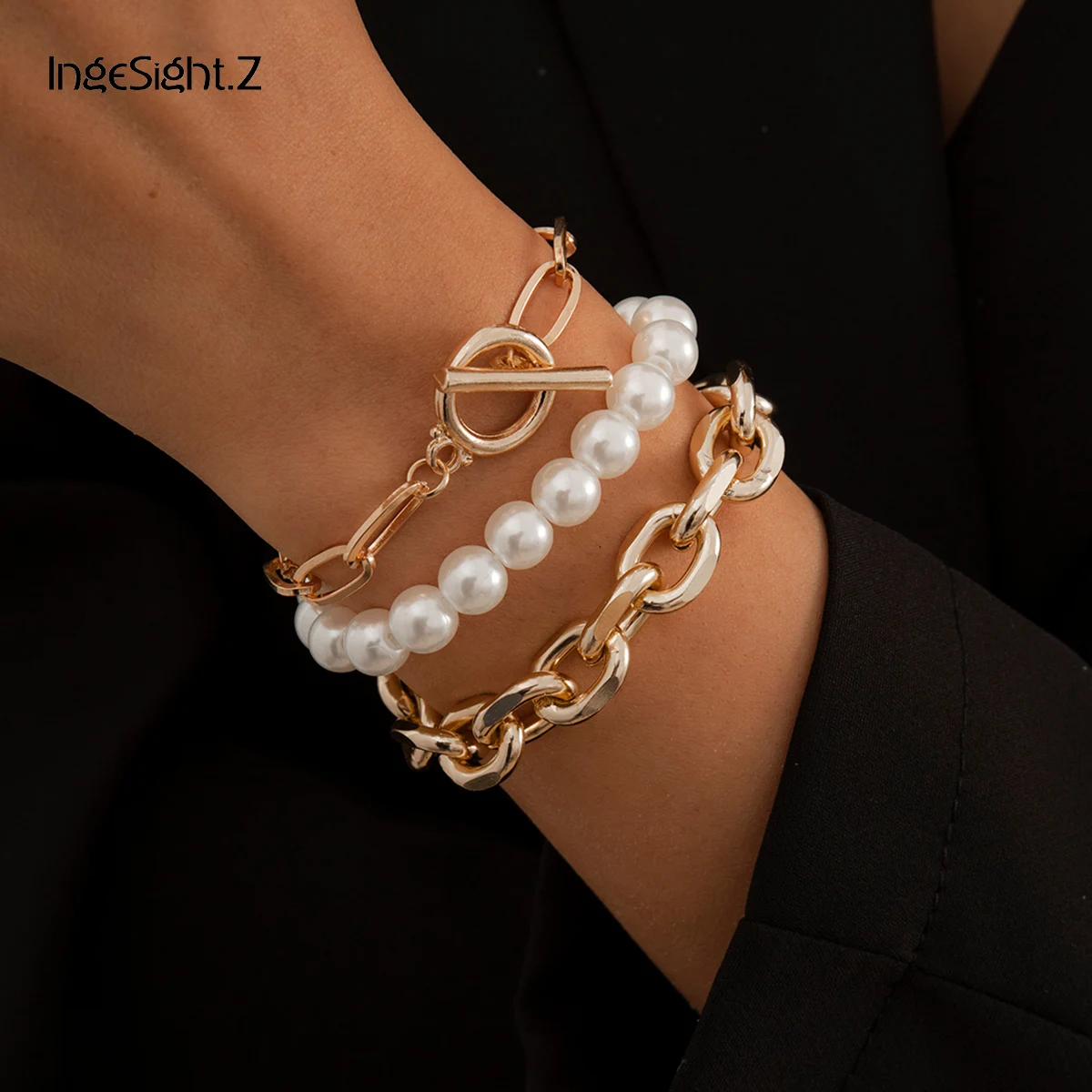 

IngeSight.Z 3Pcs/Set Imitation Pearl Chain Toggle Clasps Lasso Bracelets Chunky Aluminium Chain Couple Bracelets Bangles Jewelry