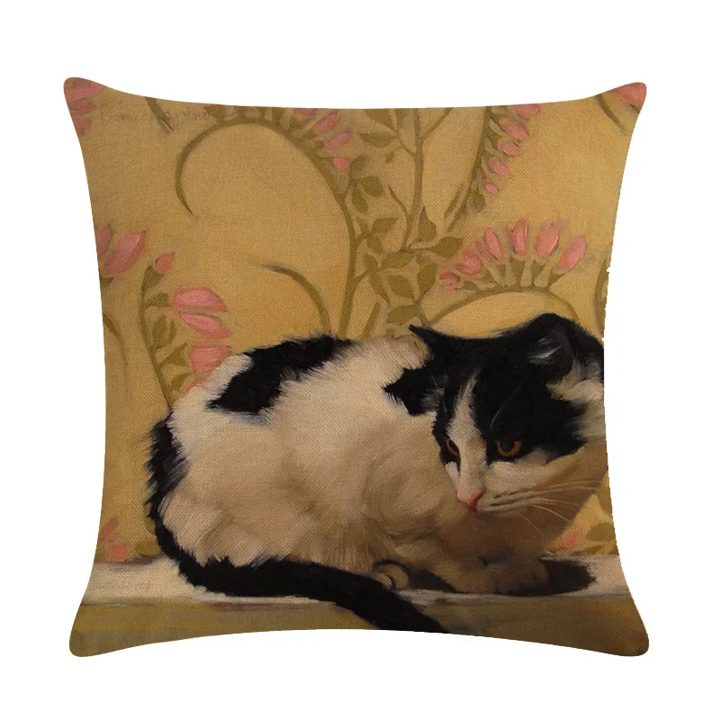 

Cute Hand-painted Cat Linen Pillowcase Office Car Sofa Cushion Cover Living Room Bedroom Decorative Pillowcase 45*45cm