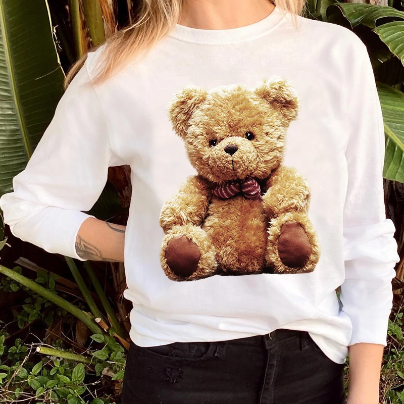 

Cute Teddy Bear ​Print 100% Cotton T-Shirt Spring Autumn Oversize Round Neck Couple Fashion Casua Loose Long Sleeve T-Shirt S-4X