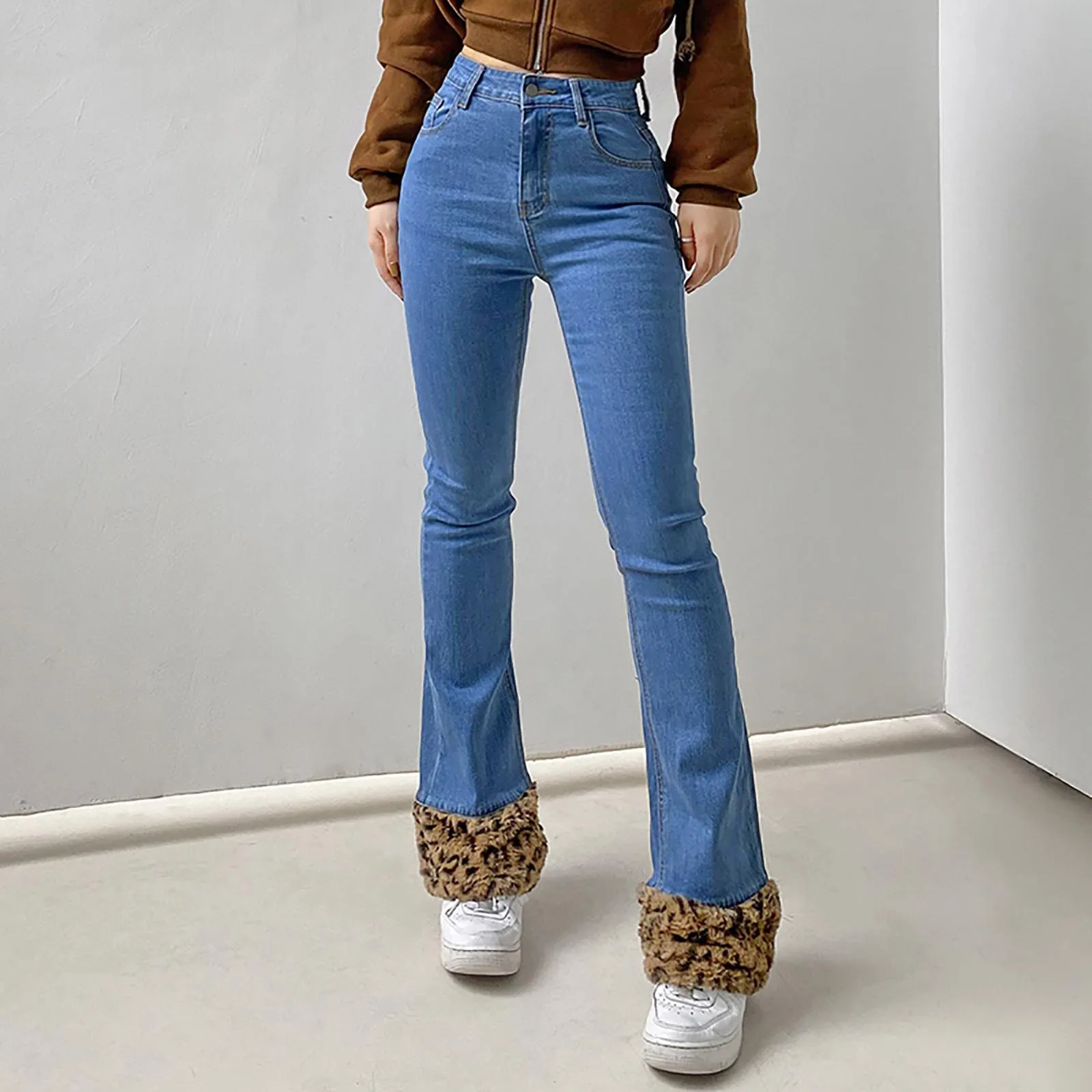 

Patchwork Skinny Straight Leg Jeans Woman High Waist Denim Trousers Sexy Color Block Vintage Blue Brown Streetwear Pants