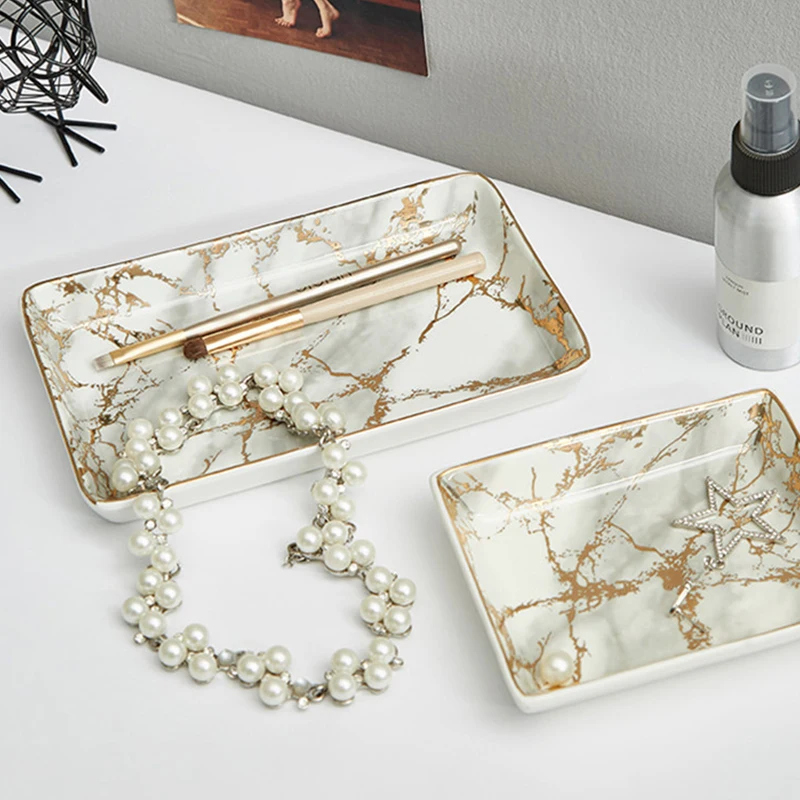 

Jewelry Storage Tray Marble Ceramic Dish Dessert Food Plate Ring Necklace Organizers