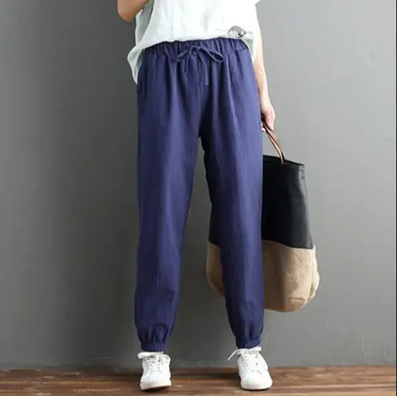 Женские хлопковые льняные брюки большого размера длиной до щиколотки Летние