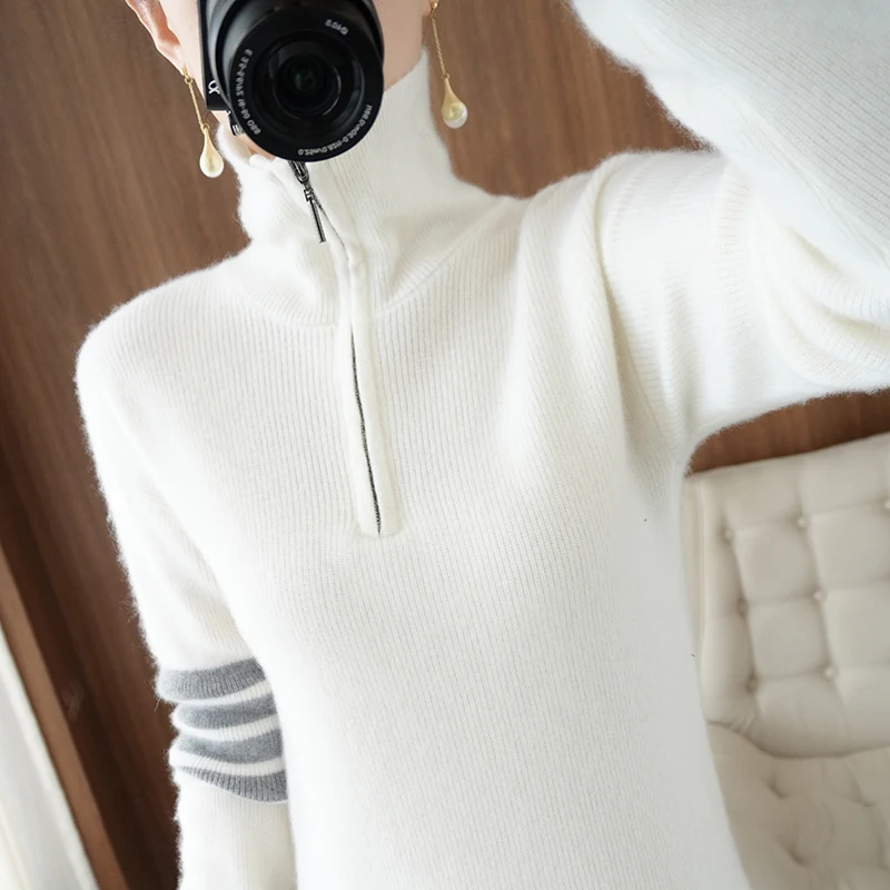

Lafarvie Spring Wool Blends Women Sweater Turtleneck Long Sleeve Zipper Striped Camel Knitted Tops Clothing High Quality Jumper