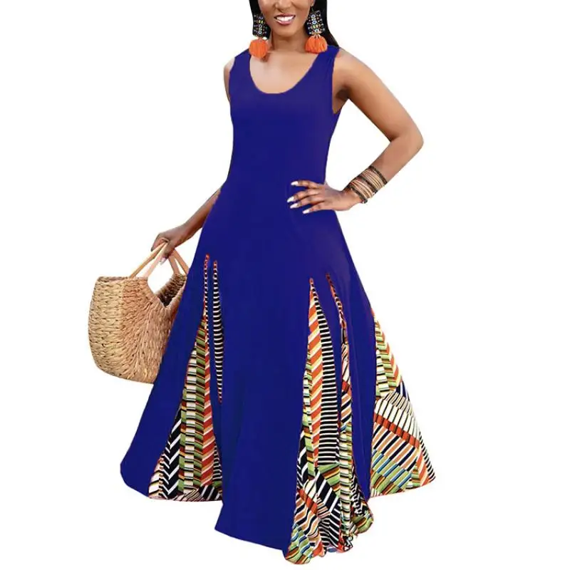 

Summer Dress 2021 Fashion Women'S Sleeveless Patchwork Print Large Hem Dress Vest Sling A Word Dress Party Dress Women'S Wear