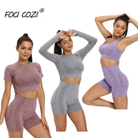 fitness clothes for home gym short suit for women outfit bodycon high waist biker shorts set long sleeves crop top vest sports