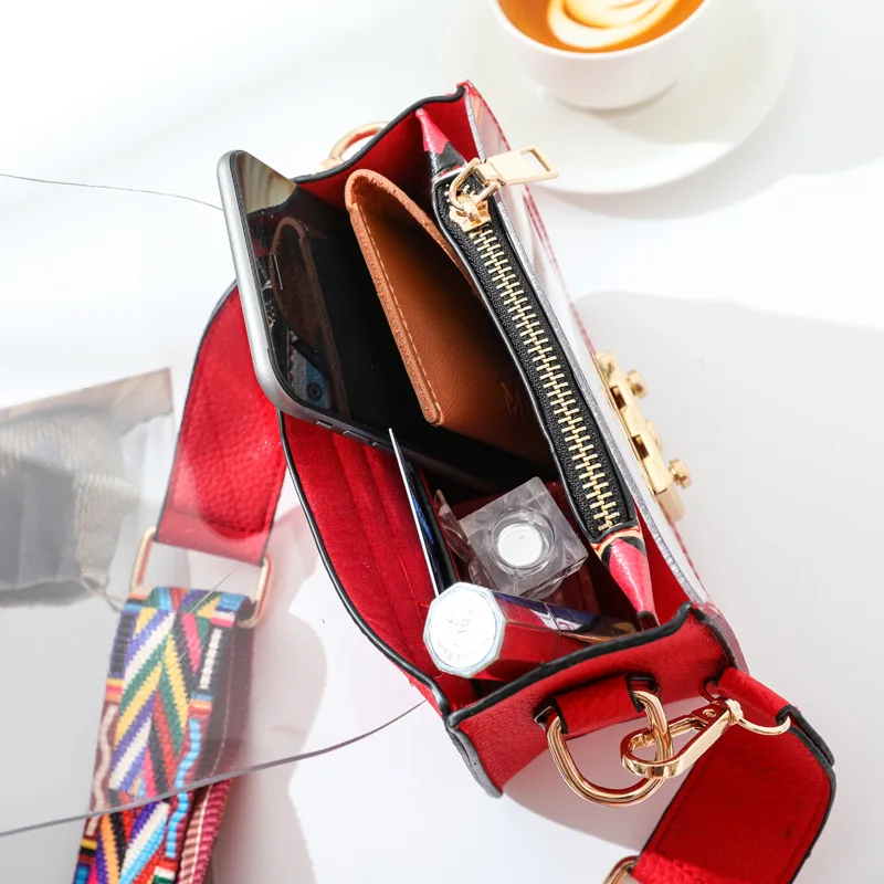 

New Transparent Bag Female Spring Trend Candy Color Korean Square Funny Small Wide Shoulder Strap Messenger Mini Jelly Bag