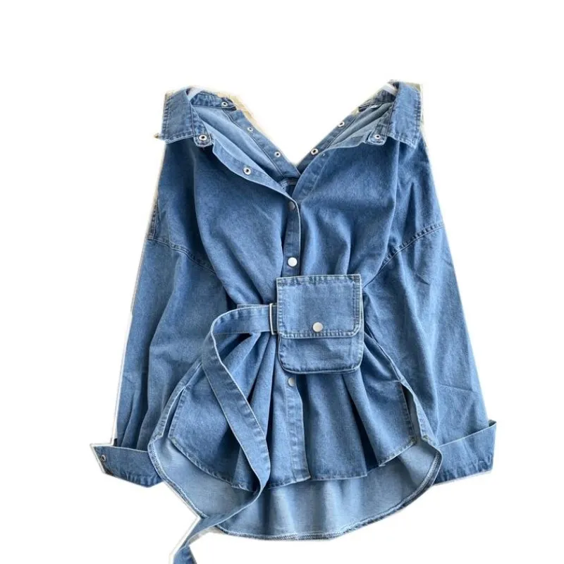 

Korean New Turn Down Collar Long Sleeve Denim Blouse Solid Color Loose Shirts Vintage Fashion Streetwear Blusas