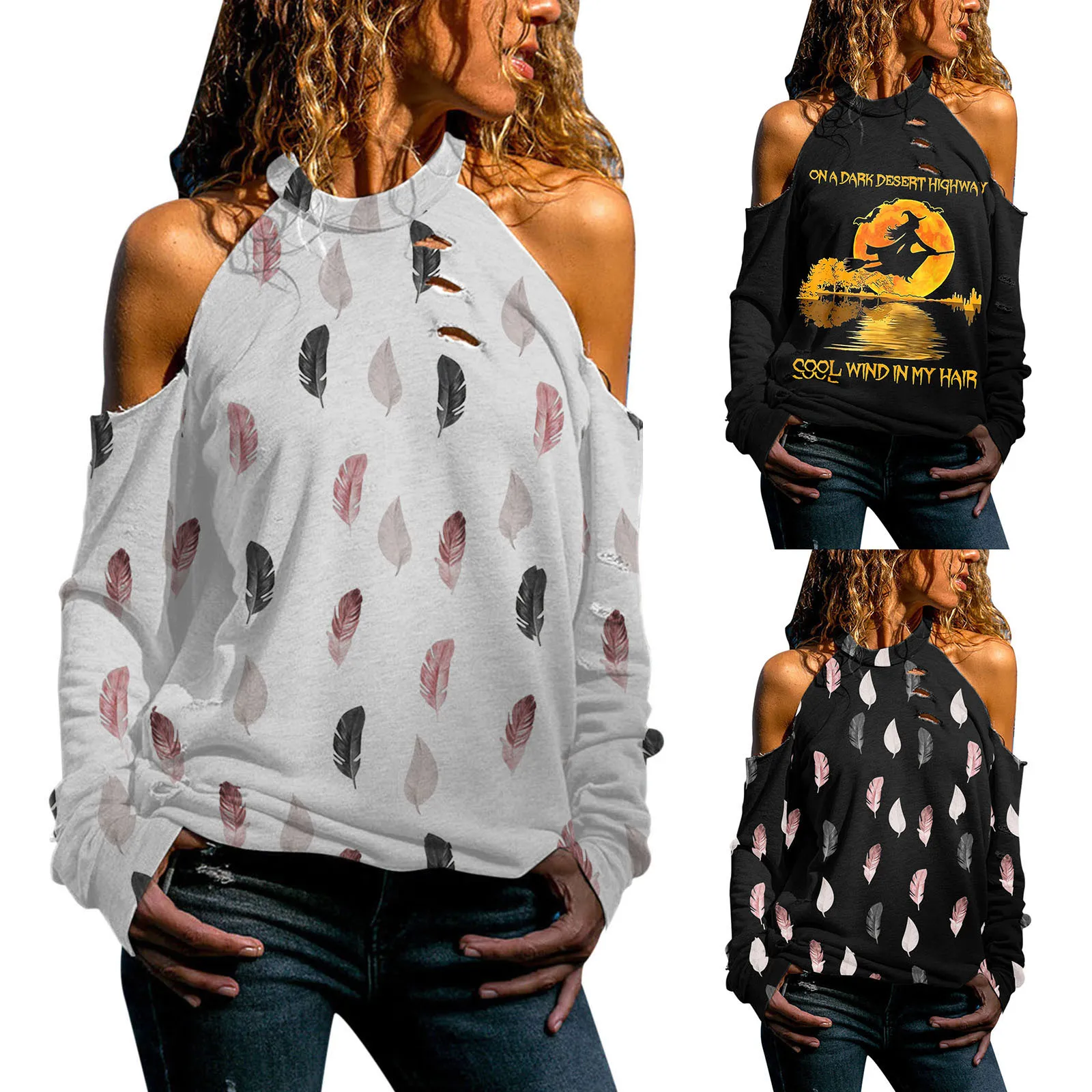 

Halloween Women Shirt Casual Loose Cold Shoulder Tops Blouse Off Shoulder Hollow Out Halter Neck Long Sleeve Blouse Shirt Tops