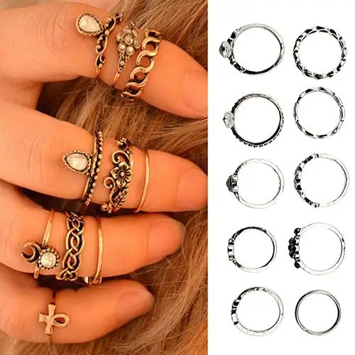 

10Pcs Vintage Punk Hollow Flower Rhinestone Above Knuckle Midi Finger Rings Set