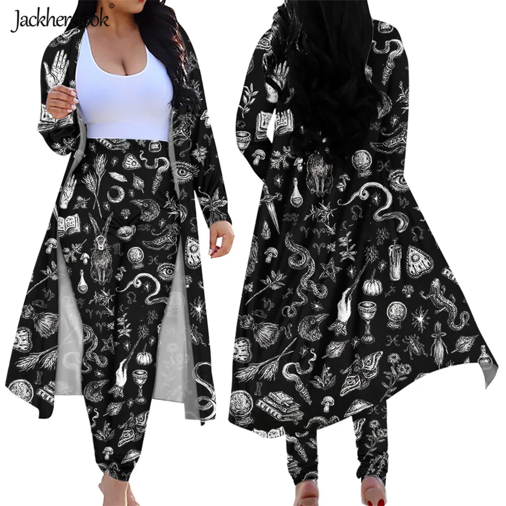 

Jackherelook Salem Witch in Black Outfits 2 Piece Open Front Cardigan Long Pants Suits Fashion High Waist Leggings Clubwear Set