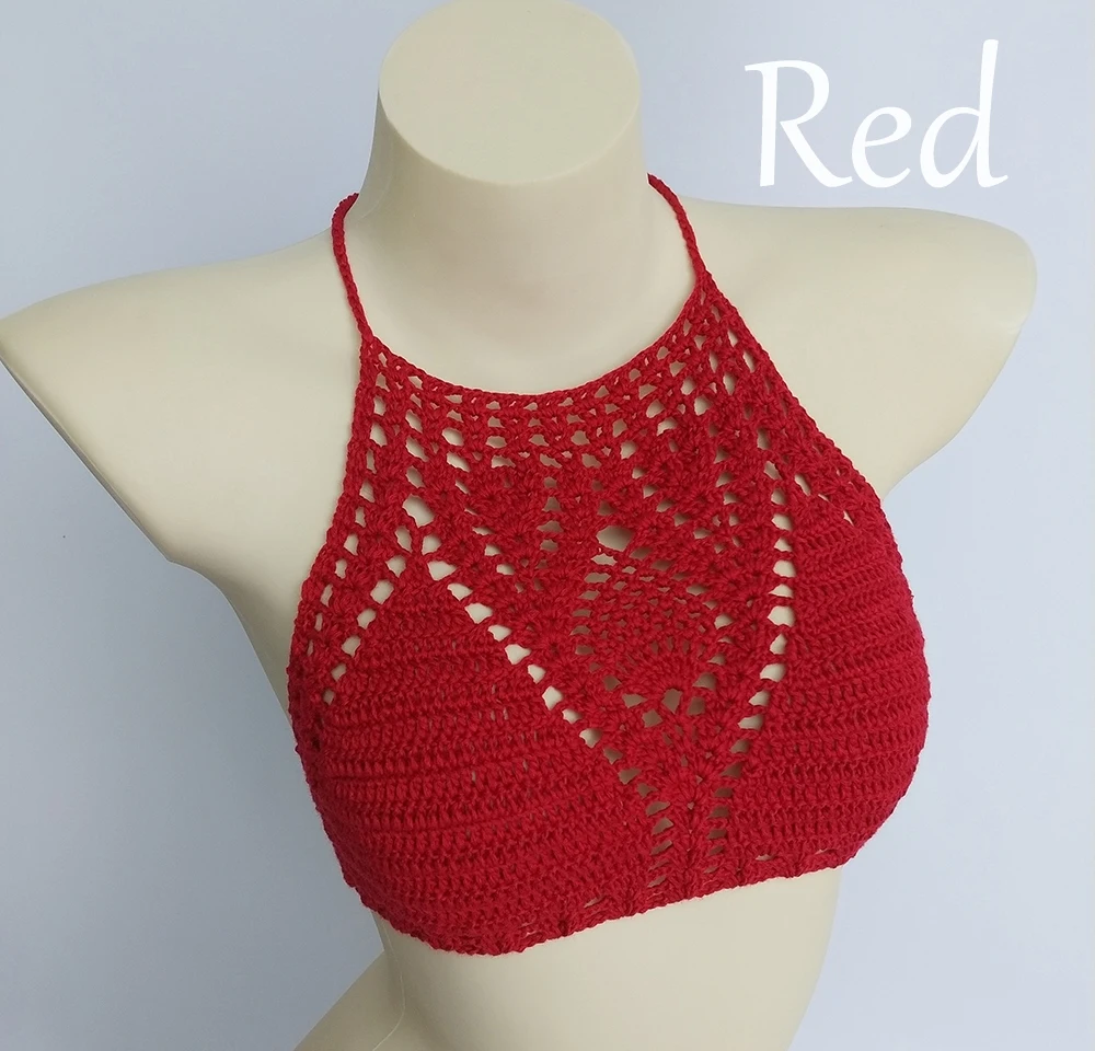 red top Белый сексуальный бикини размера плюс, вязанный крючком Топ, есть подкладка, женский купальник, пуш-ап бюстгальтер, выдалбливают, Холтер, вязанный желтый Бикини Топ - Цвет: red top