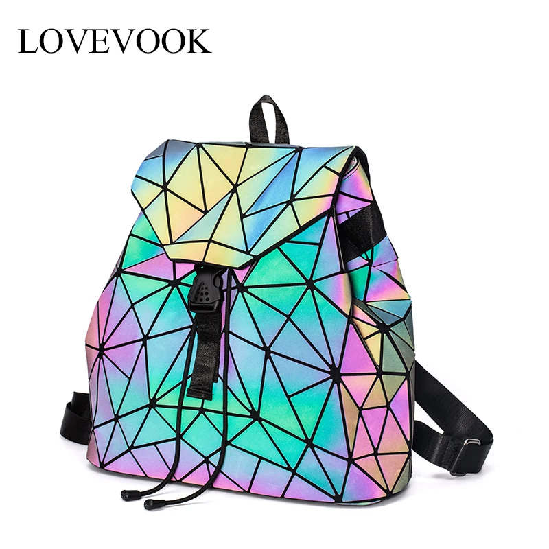 LOVEVOOK, женский рюкзак, школьная сумка для девочек-подростков, большая вместительность, складной, геометрический, Светящийся рюкзак, голографический, освежающий