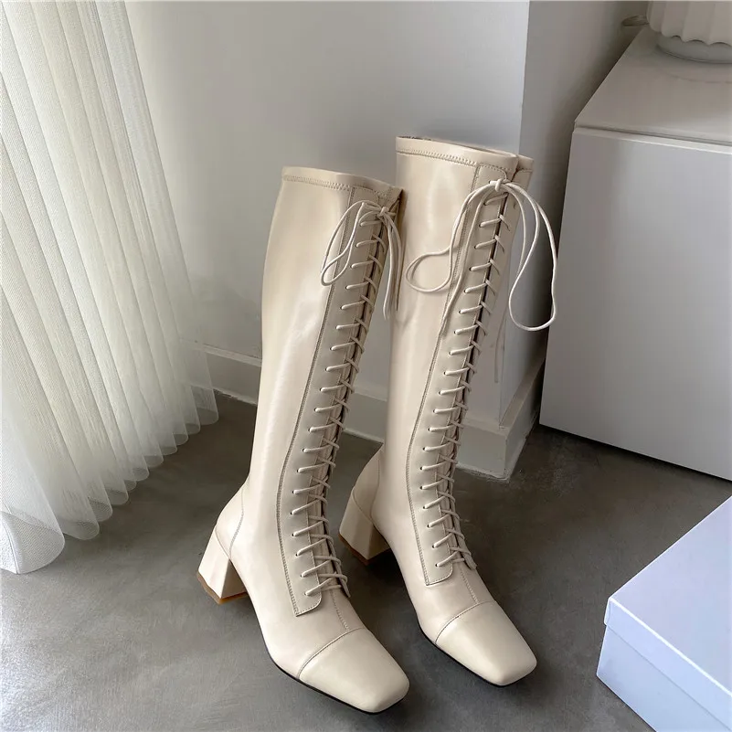 

Meotina Women Knee High Boots Shoes Real Leather High Heel Long Boots Square Toe Thick Heels Zip Lace Up Ladies Boots Black 40