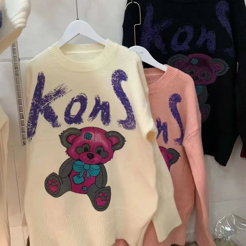 

Autumn Winter Sweater Women Knitted Cartoon Bear Printed Ladies Sweaters Loose Lazy Oaf Korean Style Women Pullover Jumper2021