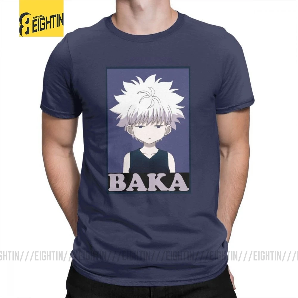 Охотник х Хантер футболки Killua Zoldyck Baka классический комикс о-образный вырез с коротким рукавом классический крой Чистый хлопок футболки мягкие мужские футболки - Цвет: Тёмно-синий