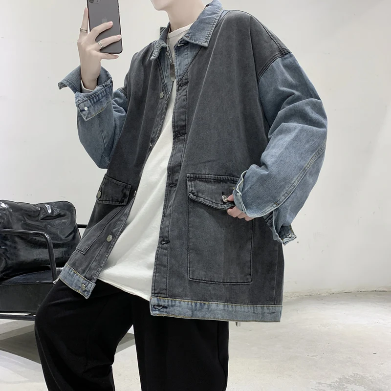 

Mens Jean Jacket Autumn New Blue Korean Male Denim Jackets Loose Stand Jacket Male Tops Chaquetas Hombre With Big Pockets