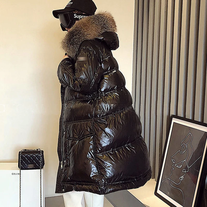 Зимняя куртка с воротником из натурального меха Женская Глянцевая верхняя