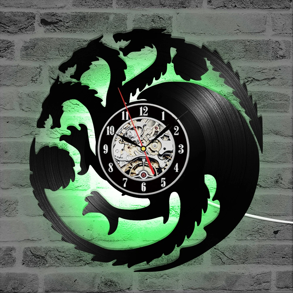 Fire Blood Game of Thrones Theme 3D Record Clock Hollow Round Dragon Shape Hanging Clock Antique Black Room Decor Wall Clock