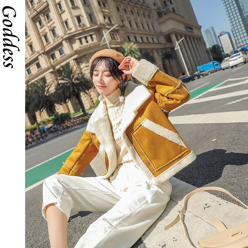 

Goddess 2021 Women Korean Turn-down Collar Jackets Fashion Warm Double Pockets Femme Parkas Autumn Winter Open Stitch Coat