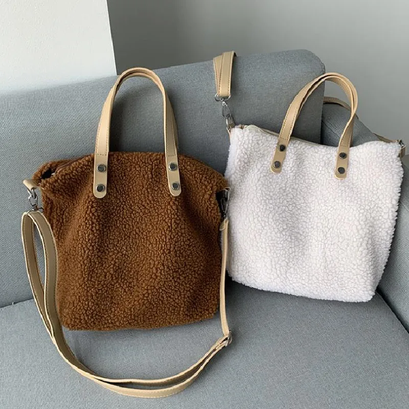 

Plush Single Shoulder Bag New Lovely Student Single Shoulder Bag Contracted Atmosphere Fashion Pure Color Plush Canvas Bag