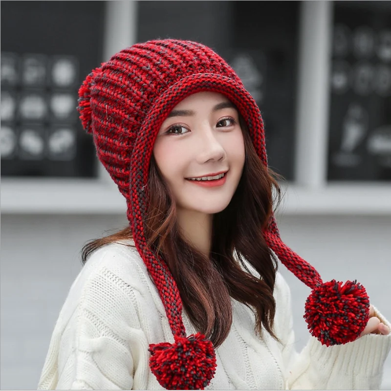 Утолщенная Лыжная зимняя шапка новинка 2019 модные вязаные помпоны зимние женские