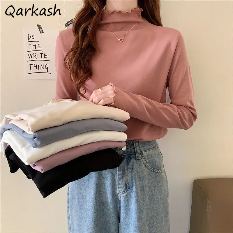 

T-shirts Women Popular Warm Trendy Soft New Candy Colors Preppy All-match Tees Edible Tree Fungus Design Tops Solid Skinny