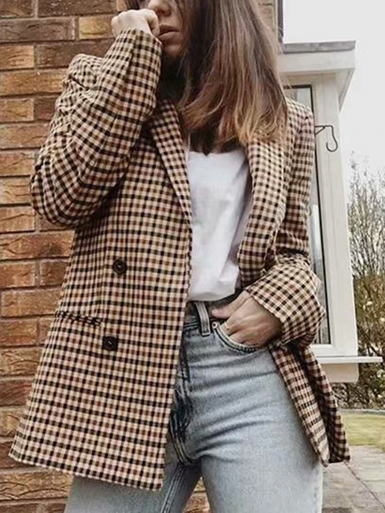 

Новинка, двубортный клетчатый пиджак, женский костюм, повседневные платья для женщин