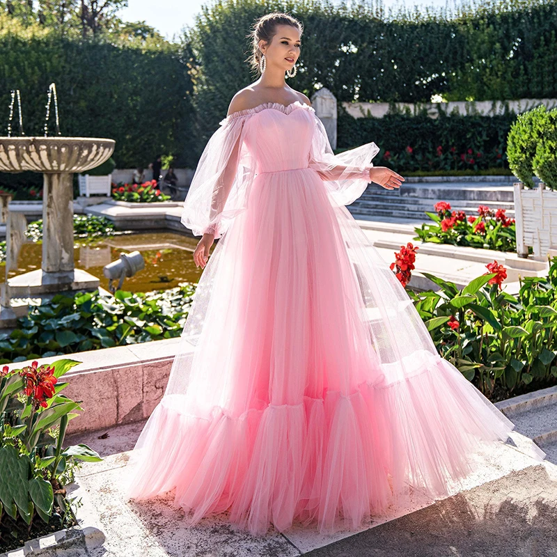 

Elegant Evening Dress A-Line Sweetheart Puffy Long Sleeves Pleated Tulle Prom Gown Lace Up Party Dress Customized