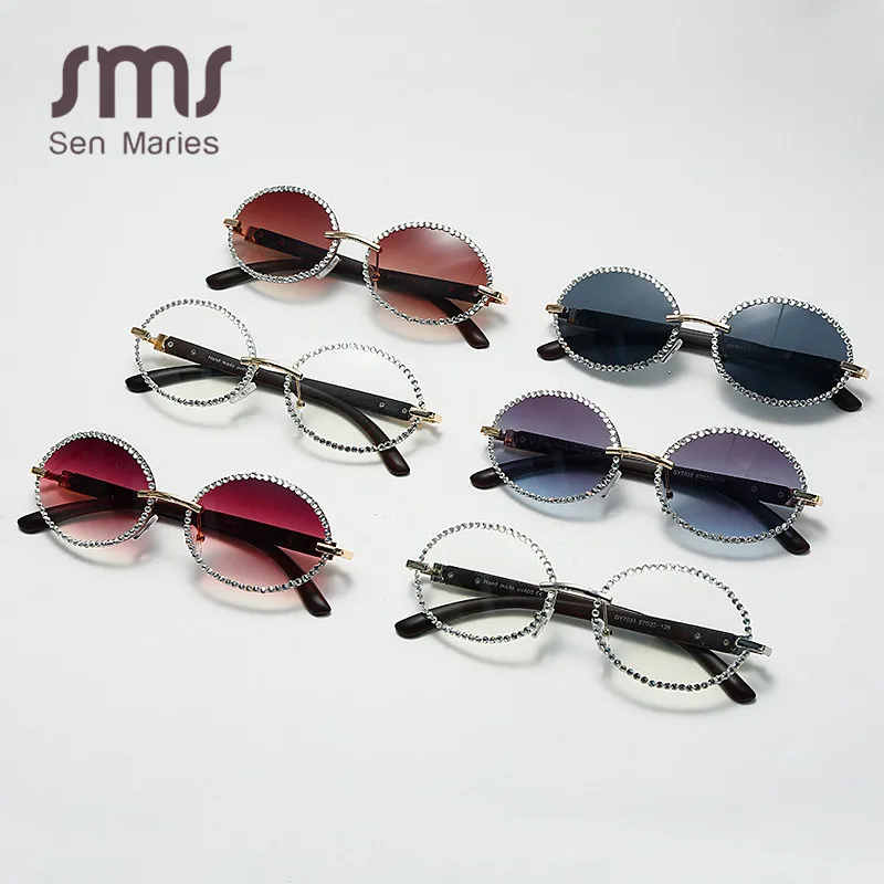 

Vintage Round Rhinestone Sunglasses Women Fashion Wood Grain Legs Steampunk Sun Glasses Men Oval Crystal Eyeglasses Shades UV400