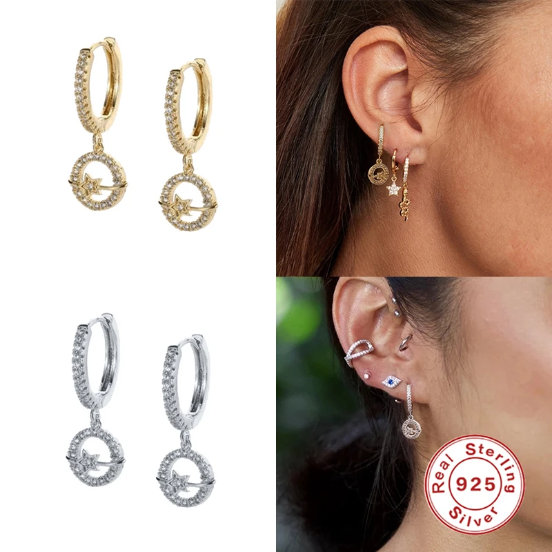 

Aide 925 Sterling Silver Gold Moon Star Charm Hoop Earrings For Women Dainty CZ Crystal Snowflake Pendant Hoops Earring Jewelry