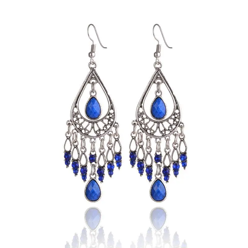 

Bohemian Water Drop Tassel Earrings Ethnic Vintage Bollywood Silver Color Alloy Hollow Dangle Hanging Earrings For Women Jewelry