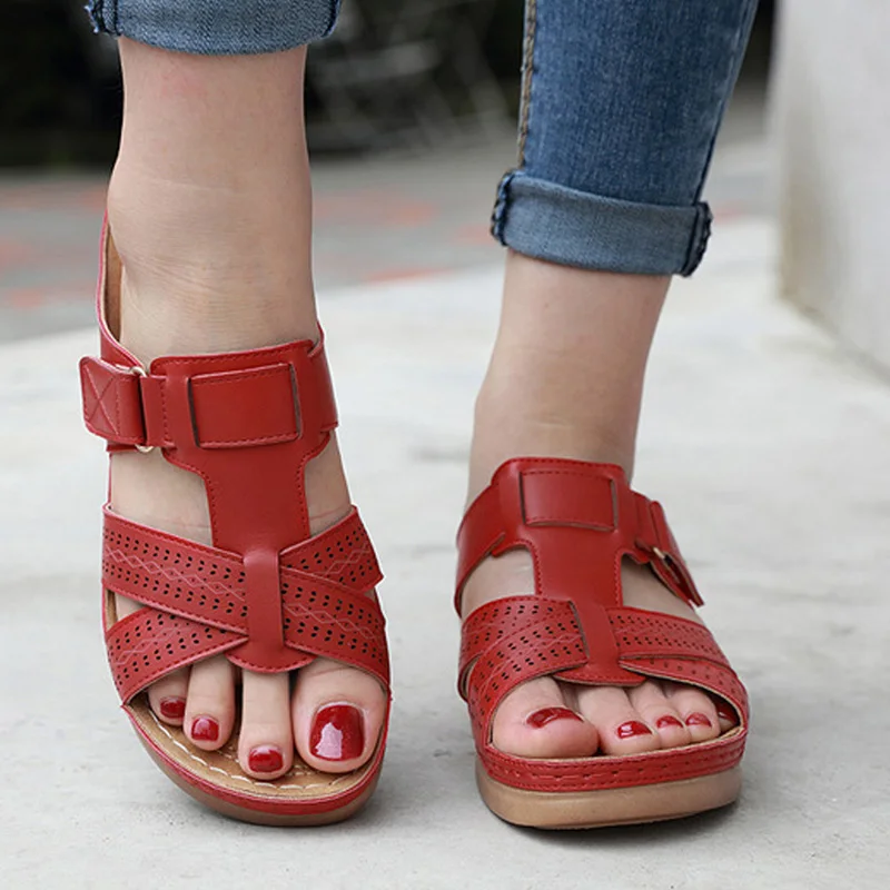 

2021 Summer Women Premium Orthopedic Open Toe Sandals Vintage Anti-slip Breathable Leather Casual Female Platform Retro Shoes