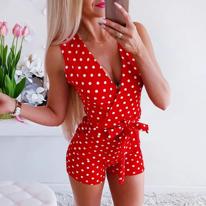 Сексуальный короткий красный горошек без рукавов Туника на шнуровке комбинезон