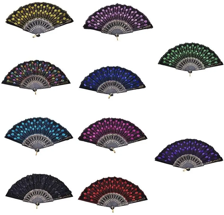 

10pcs Hand Fan Embroidered Sequins Fans Creative Dancing Craft Room Party Hmoe Decoration