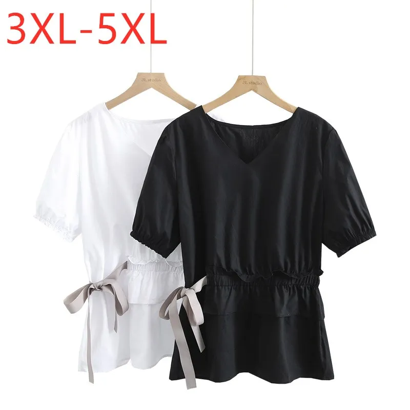 

New 2021 Ladies Summer Plus Size Tops For Women Large Blouse Short Sleeve Loose Black White Ruffle Bow V-neck Shirt 3XL 4XL 5XL
