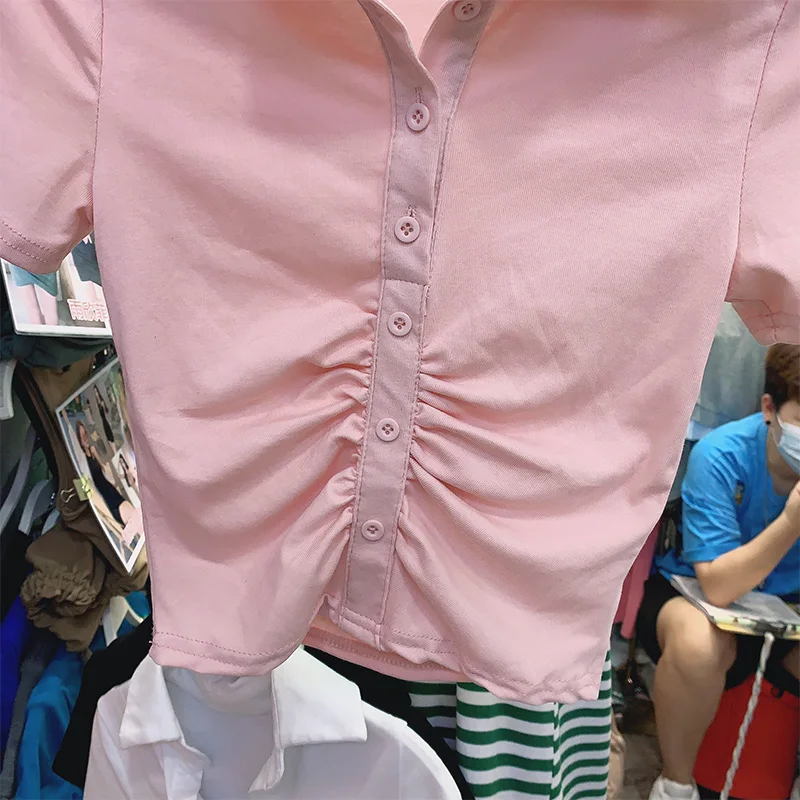 

Korean Style Pleated Short Polo Collar T Shirt for Women Short Sleeve Slim Bottoming Top Female Black Slim Cotton T Shirt