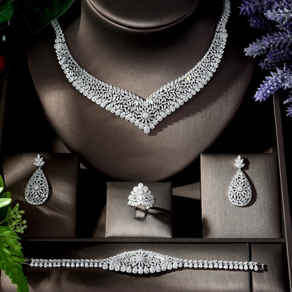 HIBRIDE CZ Африканские свадебные ювелирные наборы 4 шт. ожерелье серьги кольцо и