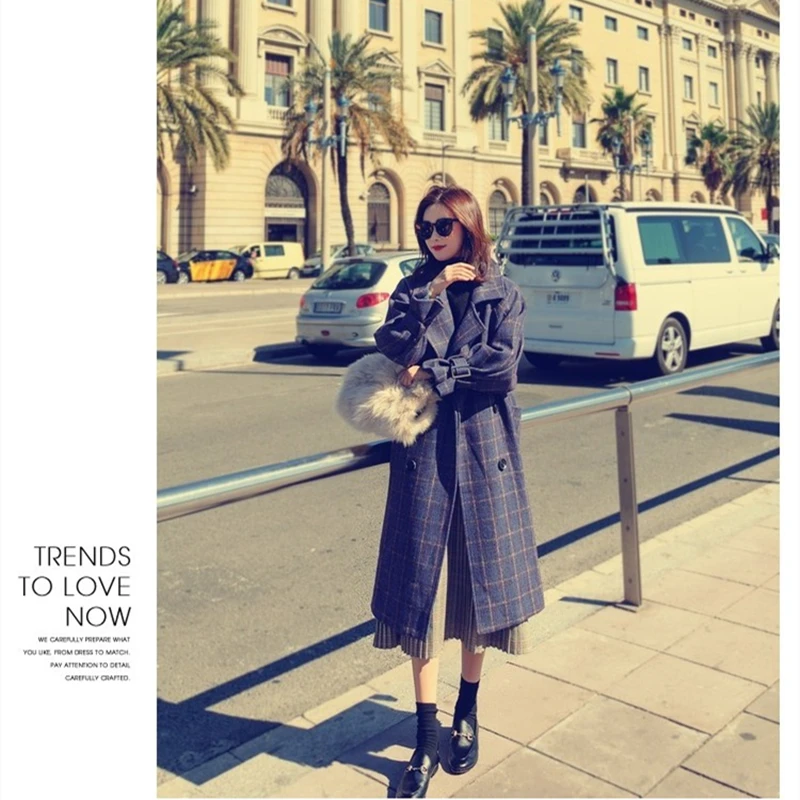 

2020New Women Classic Plaid Trench Medium Long Double Breasted Coat Female Turn-down Collar Full Sleeve Casual Street Overcoat