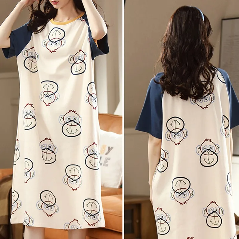 

Tonngirls Summer Cartoon Night Dress Women Cotton Print Plus Size Night Gowns Ladies Short Sleeve Loose Sleepwear Femme Korean