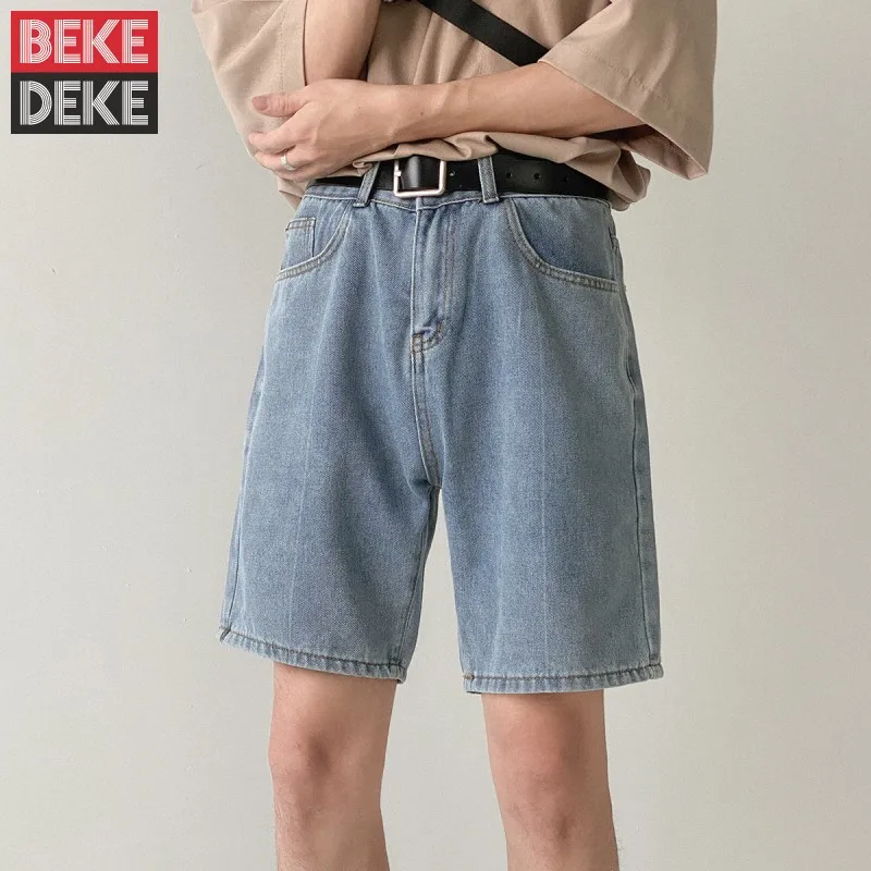 

Summer Mens Casual Loose Fit Short Jeans Streetwear Knee Length Denim Shorts Bermudas Man Preppy Style Washed Cowboy Jean Shorts