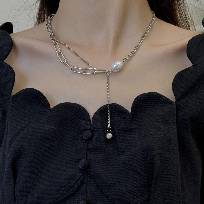 

Ingemark Punk Stainless Steel Pearl Chain Necklace Vintage Cool Layered Asymmetry Women Men Friend Choker Necklace Jewelry Neck