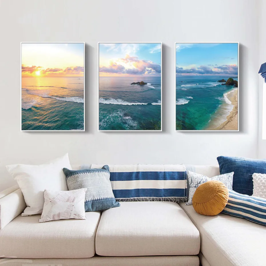 

Nordic Poster Blue Sea Sunny White Clouds Landscape Posters And Prints Wall Art Beach Canvas Painting Decorative Pictures