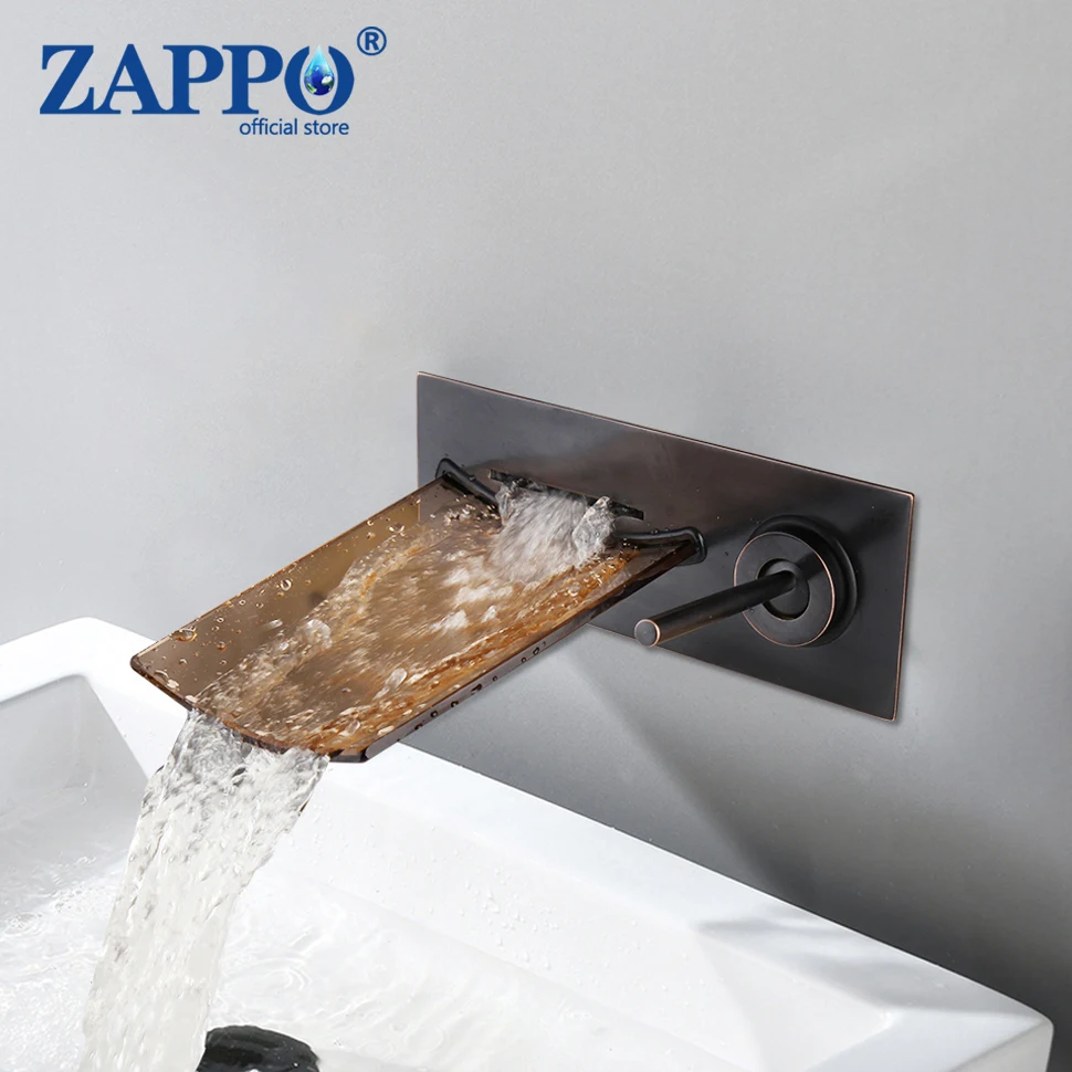 

ZAPPO ORB Black Wall Mounted Bathroom Faucet Glass Spout Waterfall Basin Faucets Single Handle Sink Tap Mixer