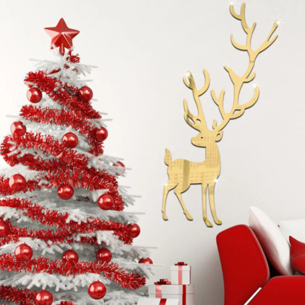 

3D Acrylic Xmas Elk Mirror Stickers DIY TV Background Living Room Bedroom Window Deer Mirror Wall Sticker Kids Home Gift1