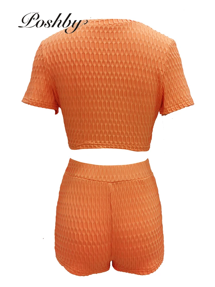 

Poshby Women's Leisure Spring Jogger Tracksuits Two Piece Set Jacquard Short Sleeve O Neck Crop Shirts Sporty Shorts Homewear