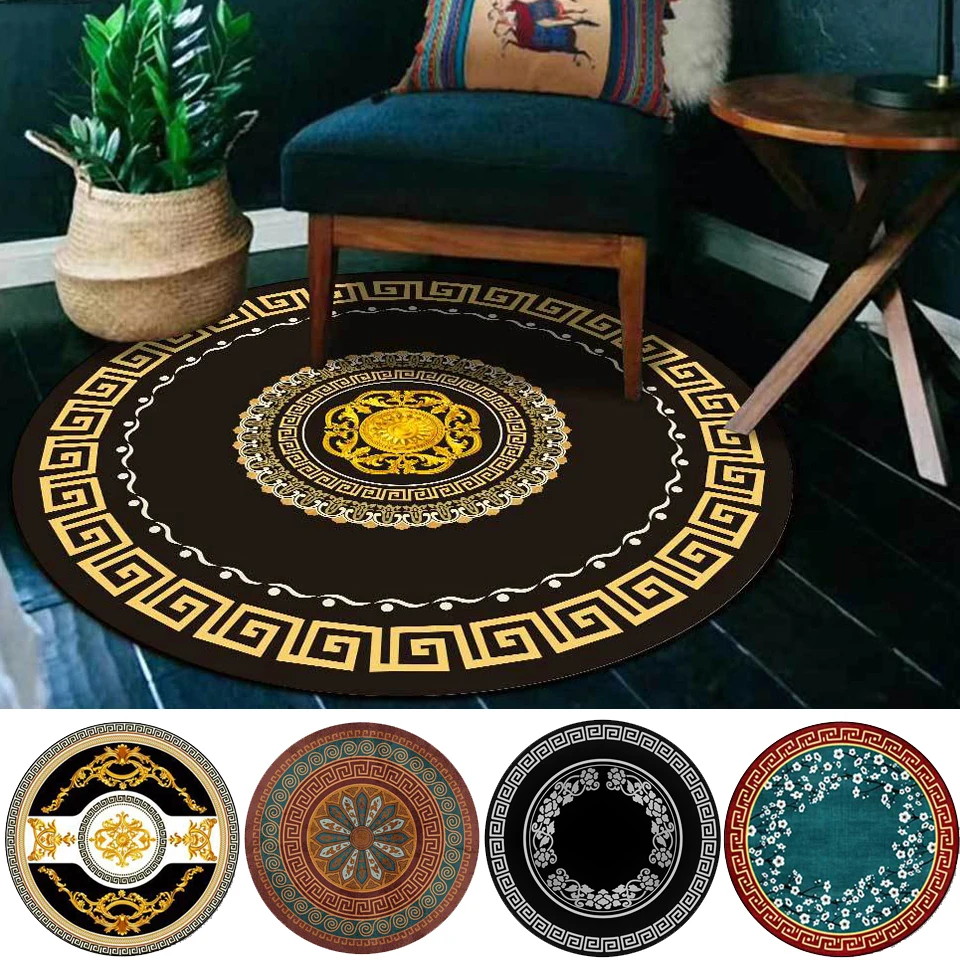 Luxury Carpet Living Room Black White Gold European Geometric Ethnic Style Round Carpet Rugs For Bedroom Decor Home Chair Mat