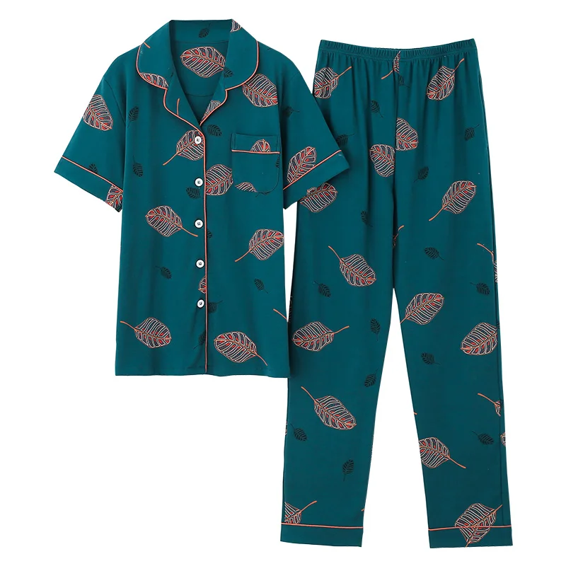 

Brand Cotton Women Pajamas Sets Leaf Print Large Size Lady Sleepwear Women's Pijamas Suit Home Clothes Pyjama Femme M-3XL