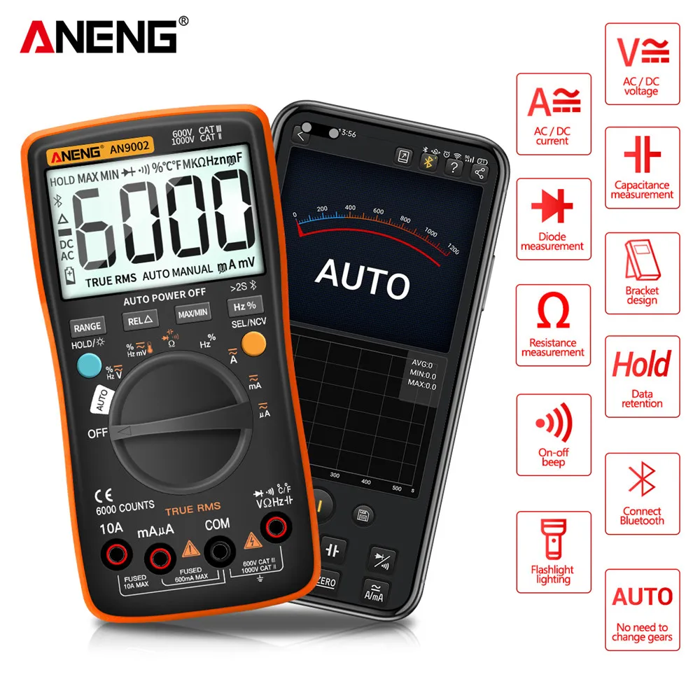 Multímetro Digital inteligente AN9002, medidor de voltaje de Corriente CA/CC con Bluetooth, rango automático, profesional, 6000 recuentos, multímetro, RMS